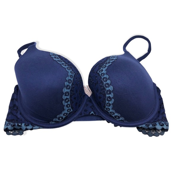 Victorias Secret Bra 34DD Drk Blue Light Blue Lace Push Up Soft Padded 34 DD - Picture 1 of 6